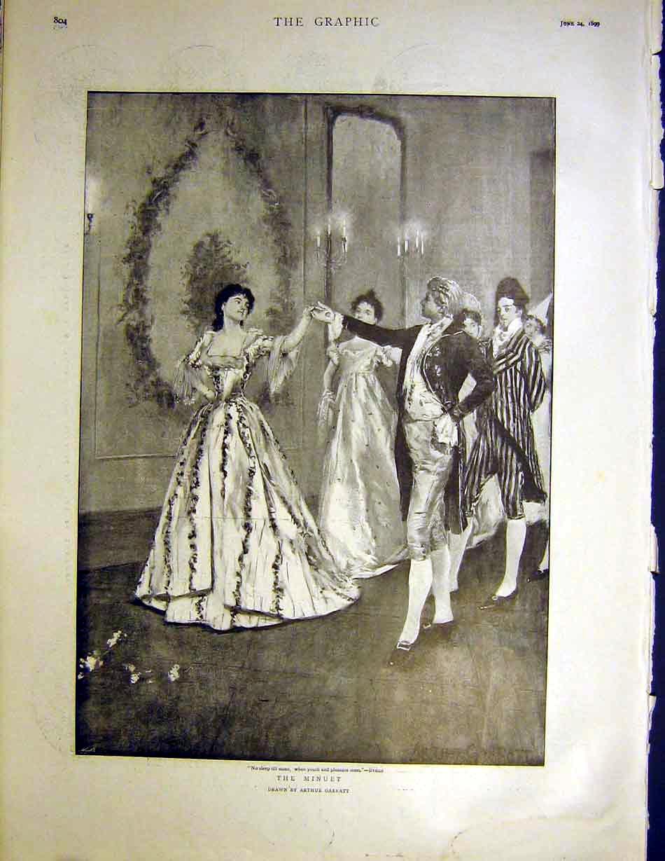 Original Old Antique Print Minuet Dance Ball Lady Man Garratt Fine Art 1899 19th