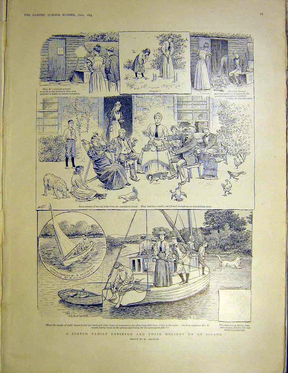 Old Antique Print Scotch Family Robinson Holiday Island Sketches Ralston