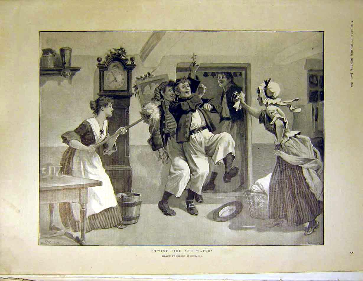 Original Old Antique Print Browne Fire Water Ladies Men Games Fine Art 1899 19th