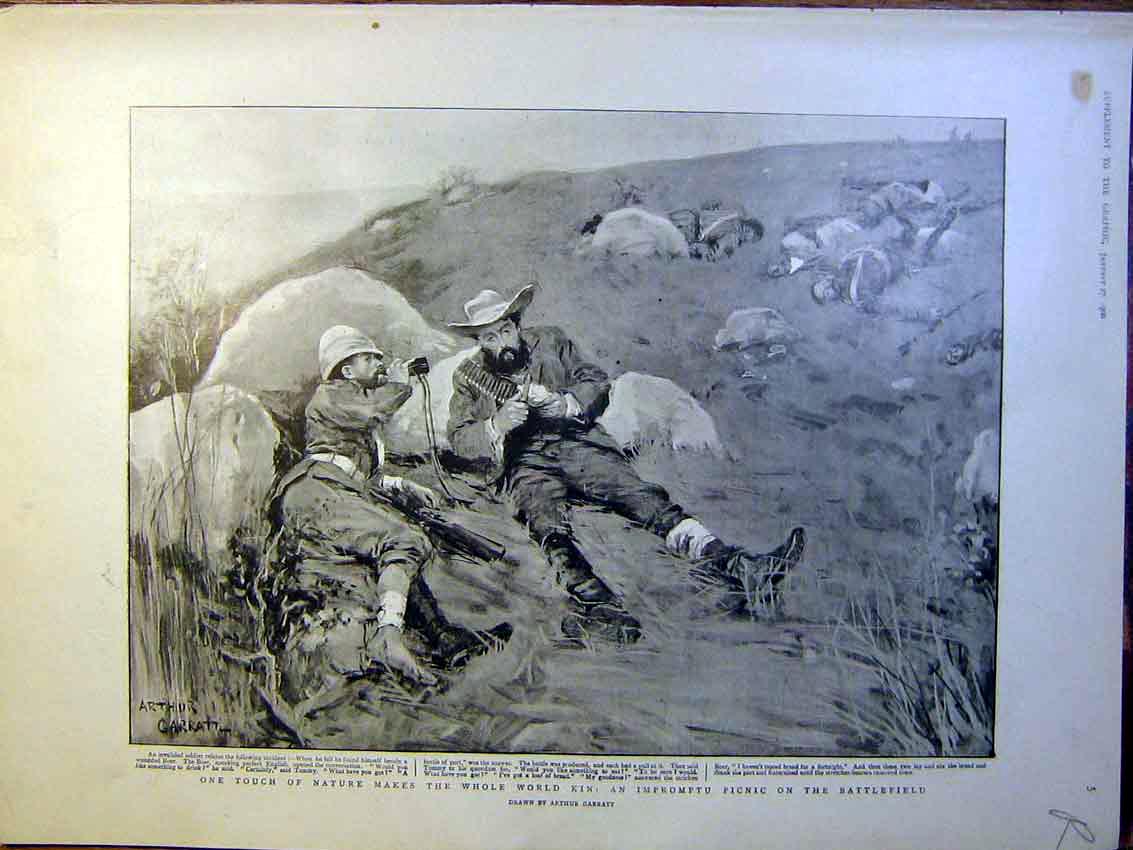Old Antique Print Battlefield Picnic Boer War Africa Officers Volunteers