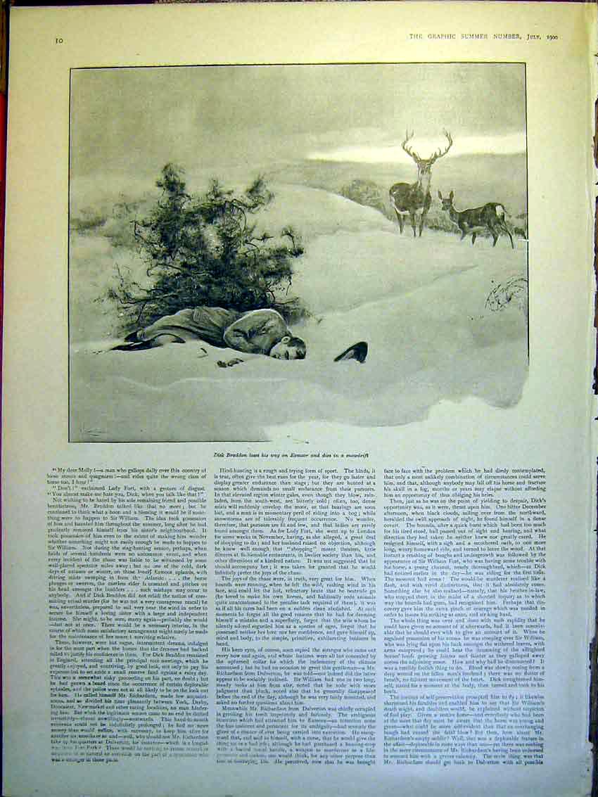 Original Old Antique Print Dick Braddon Exmoor Snowdrift Deer 1900 Victorian