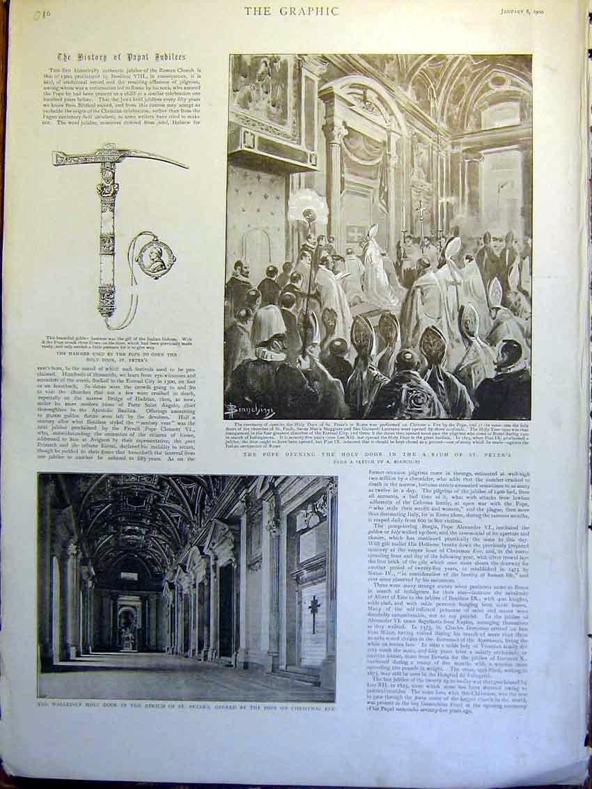 Original Old Antique Print Pope Papal Jubilee Atrium St Peter'S Rome Italy 1900