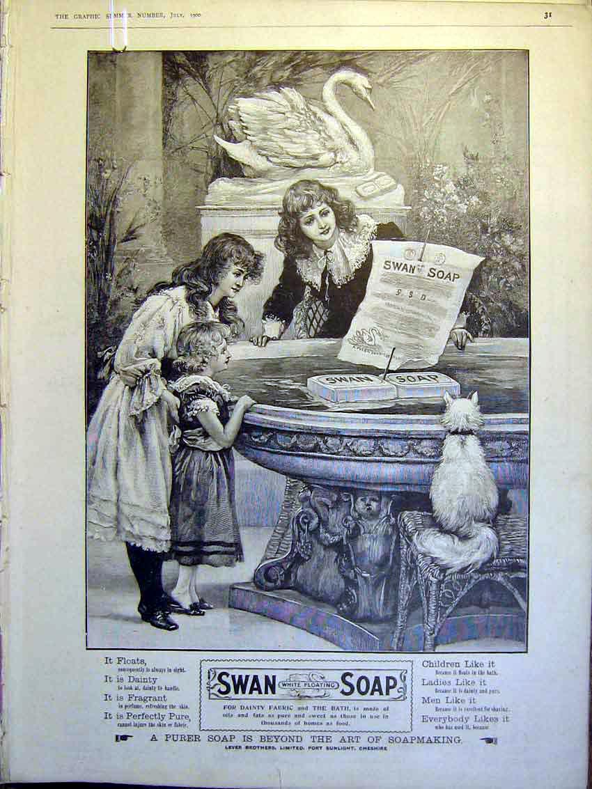 Original Old Antique Print Advert Swan Soap Children Cat Lever Brothers 1900