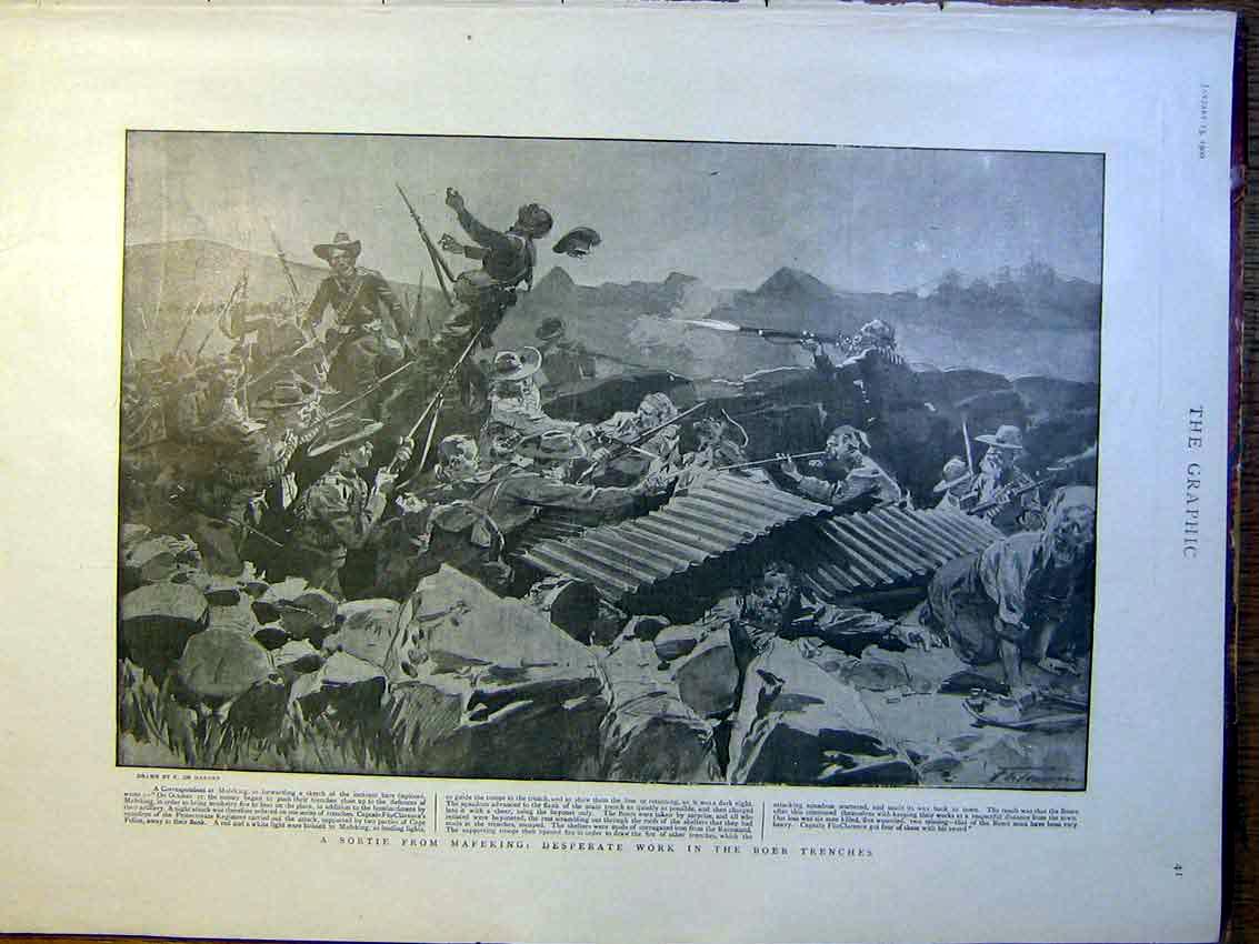 Original Old Antique Print Mafeking Boer Trenches De Haenen Sortie Boer War 1900