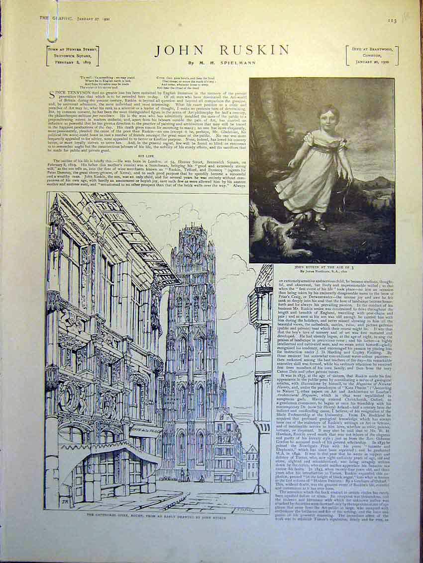 Old Antique Print Cathedral Spire Rouen Ruskin Bust Oxford Dressler 1900 20th