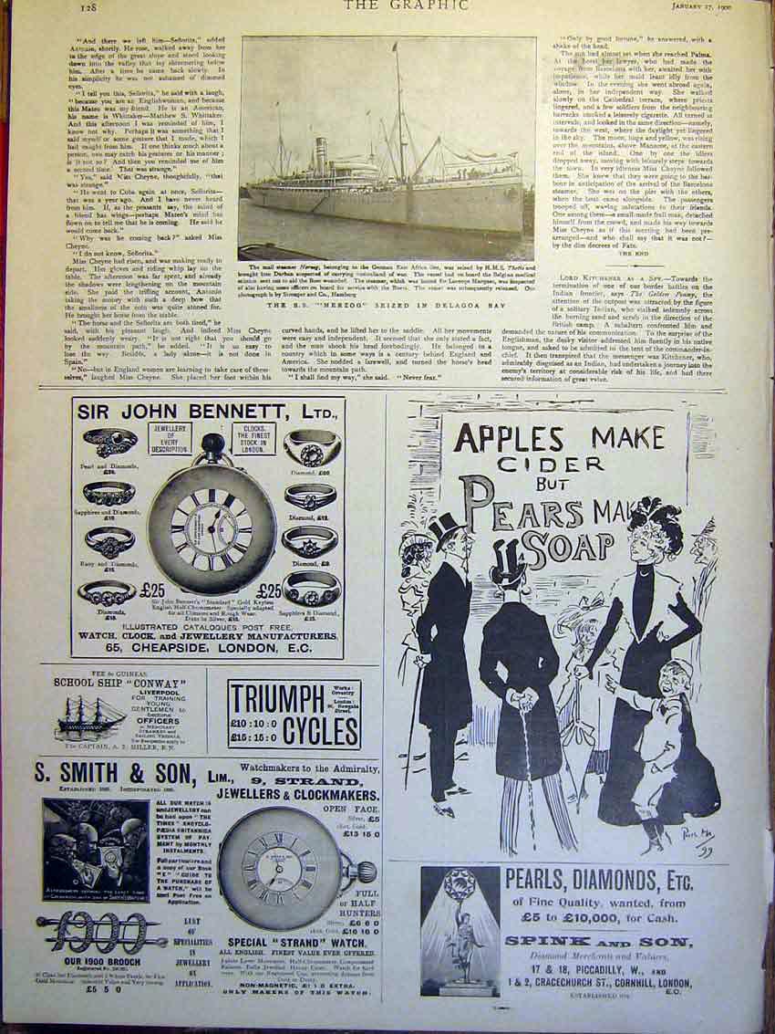 Original Old Antique Print Delagoa Ss Herzog German Advert Bennett Pears Cycles