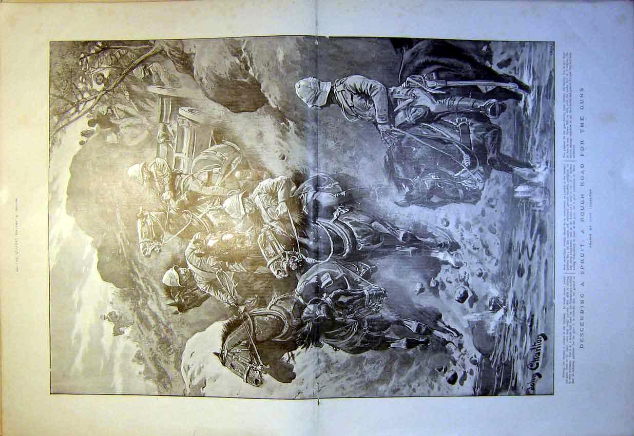 Original Old Antique Print Boer War Africa Charlton Guns Spruit River 1900 20th