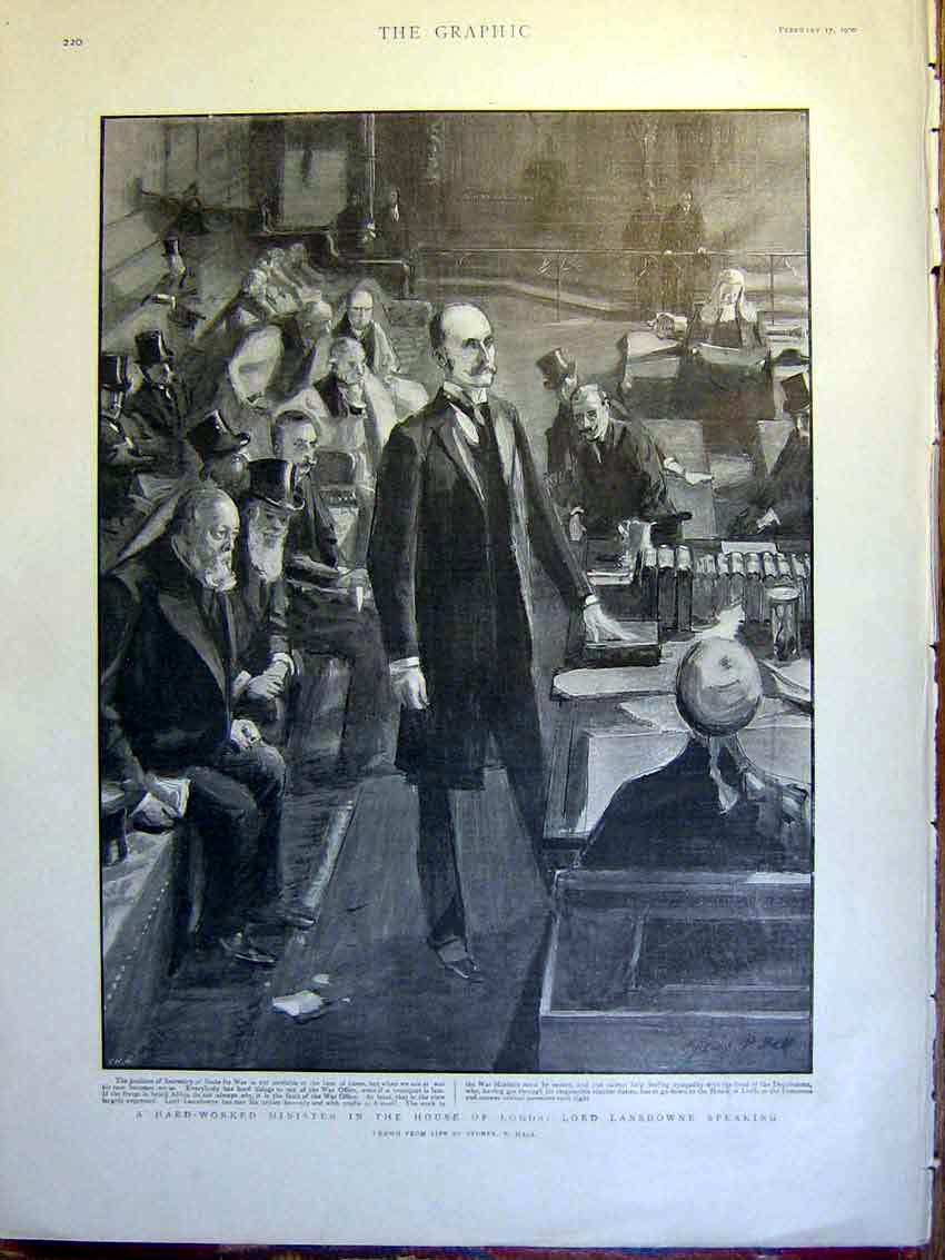 Original Old Antique Print Minister House Lords Lansdowne Hall War 1900 20th