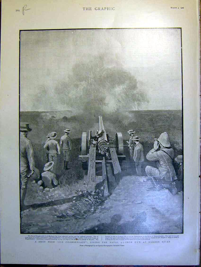 Old Antique Print Chamberlain Naval Gun Modder River White Buller Officer