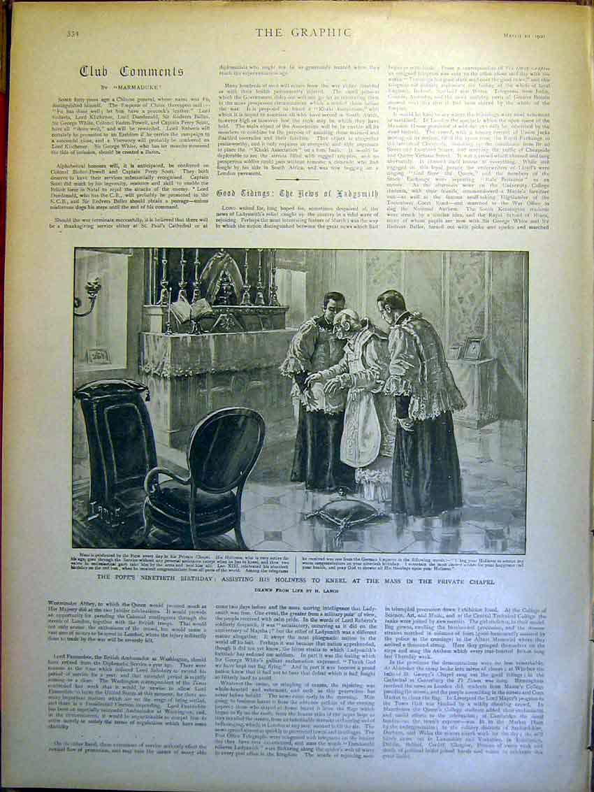 Original Old Antique Print Pope Ninetieth Birthday Mass Chapel Lanos 1900 20th