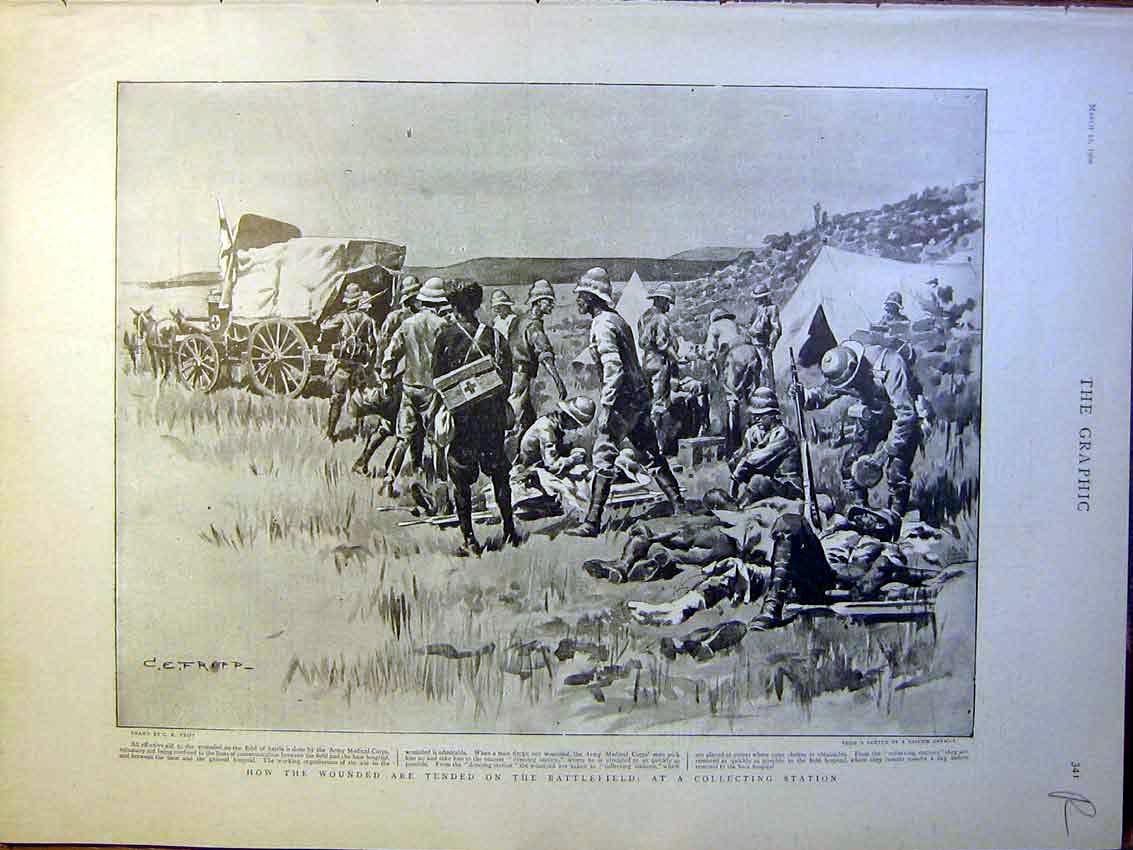 Old Antique Print Battlefield Wounded Map Ladysmith Boer War Africa 1900 20th