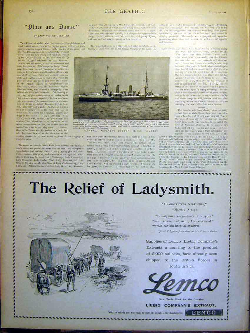 Original Old Antique Print Cronje Prison Hms Doris Advert Lemco Ladysmith 1900