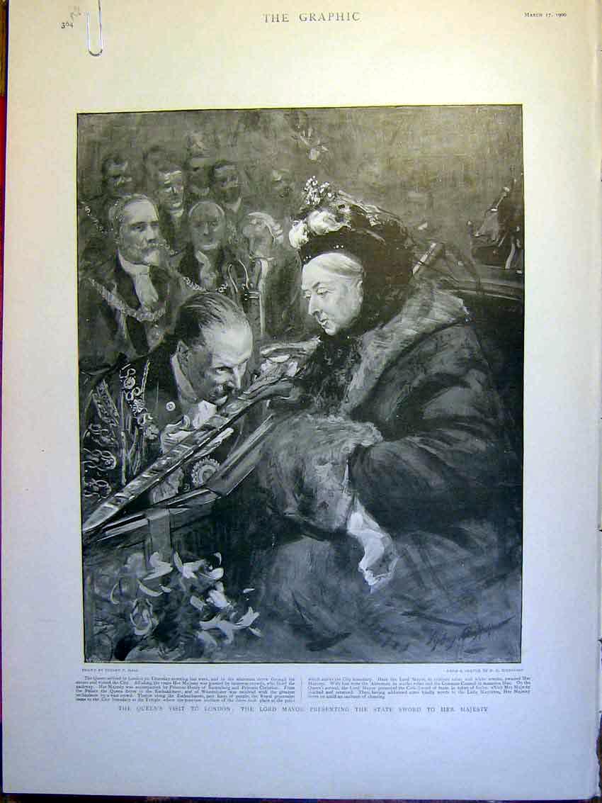 Old Antique Print Queen London Mayor State Sword Buckingham Palace 1900 20th