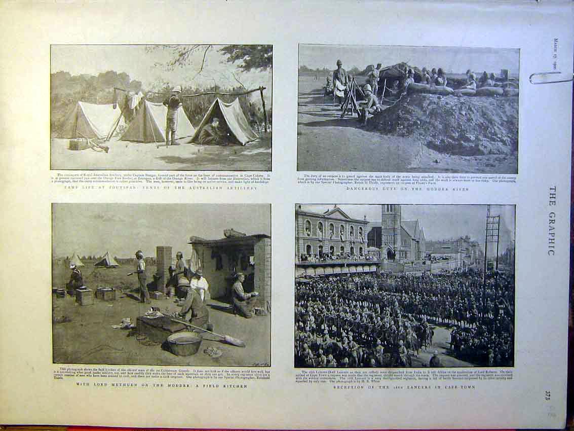 Old Antique Print Artillery Boer War Africa Modder Troops Chieveley 1900 20th