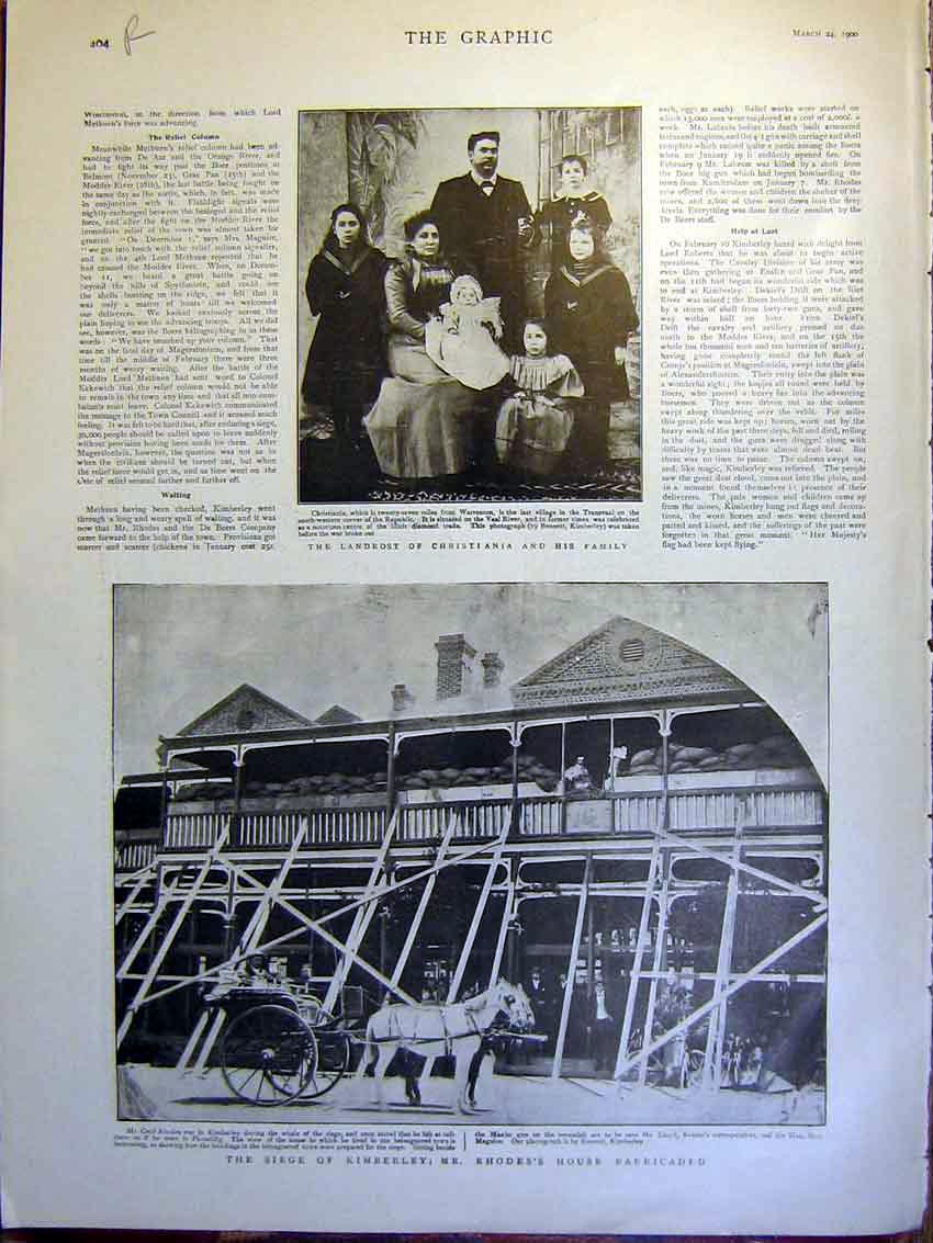 Original Old Antique Print Landrost Boer War Kimberley Rhodes Hospital Wynberg