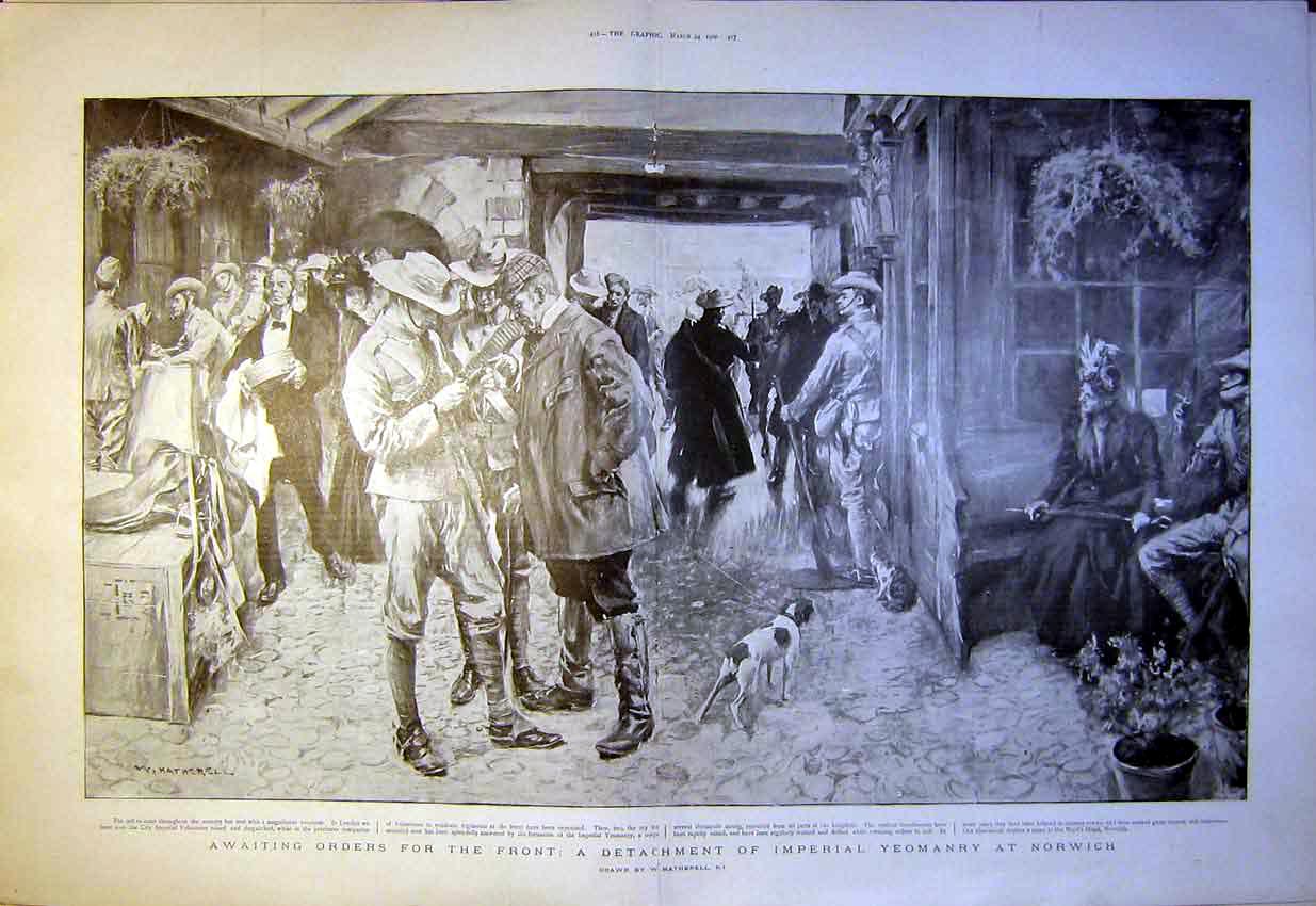 Original Old Antique Print Hatherell Imperial Yeomanry Norwich London 1900 20th