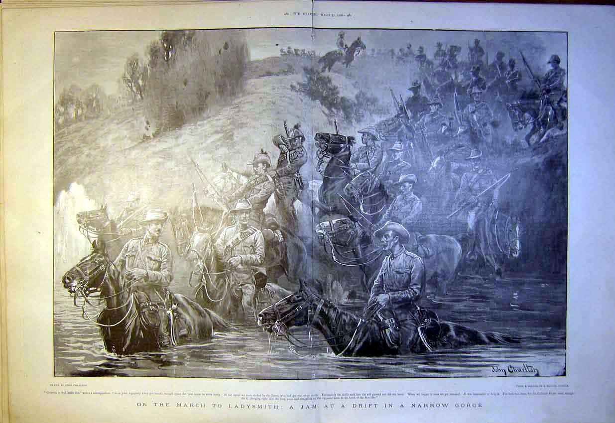 Original Old Antique Print Boer War Africa Ladysmith Charlton River Gorge 1900
