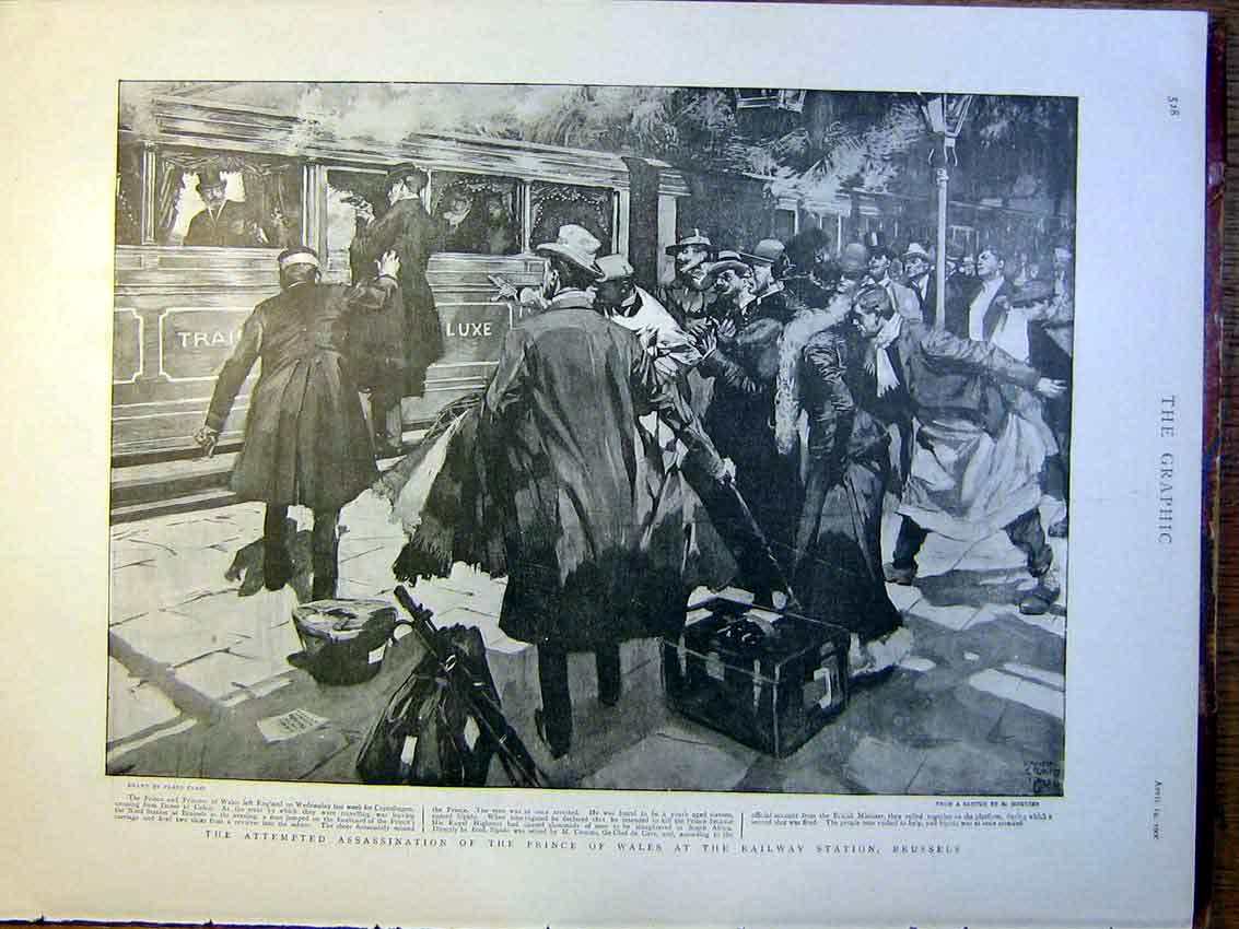 Old Antique Print Prince Wales Assasination Railway Station Brussels 1900 20th