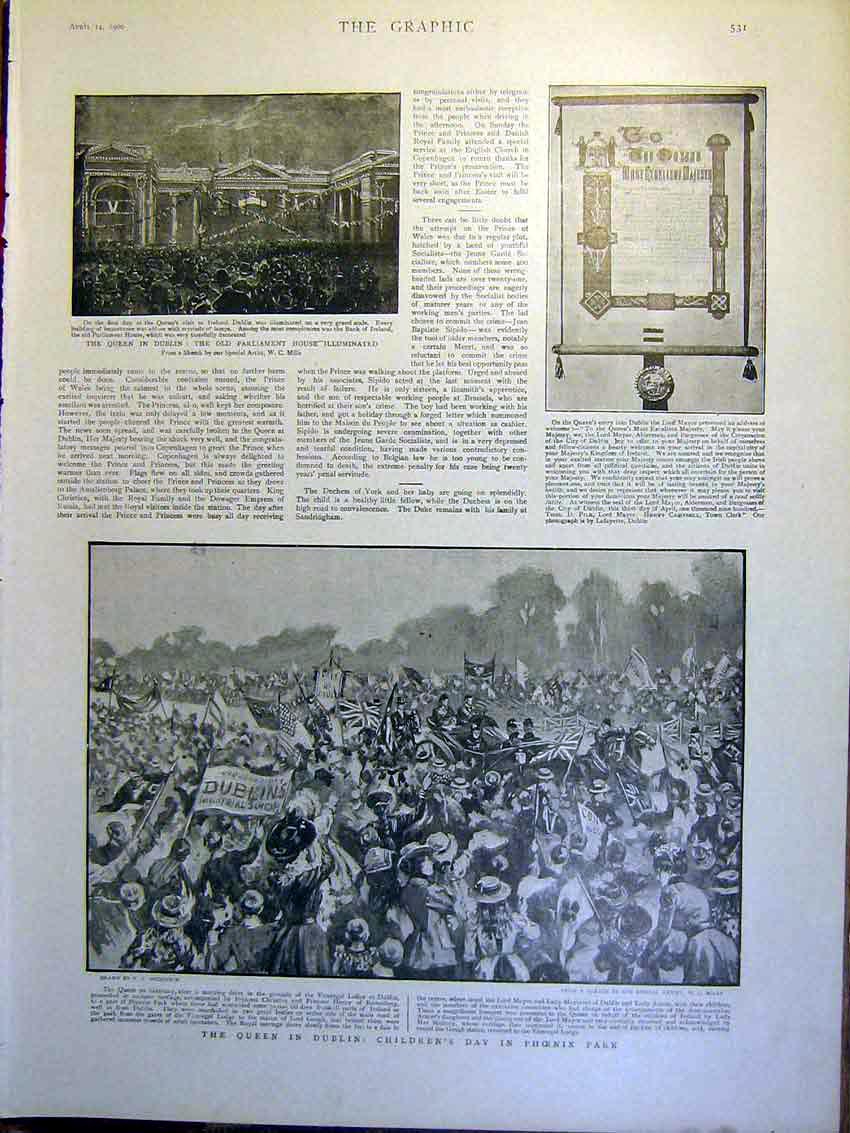 Original Old Antique Print Queen Ireland Phoenix Park Parliament House Children