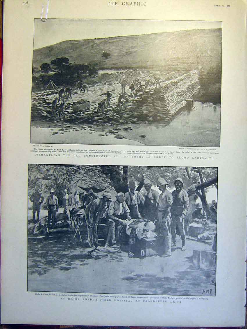 Old Antique Print Ladysmith Boer War Africa Dam Hospital Paardeberg 1900 20th