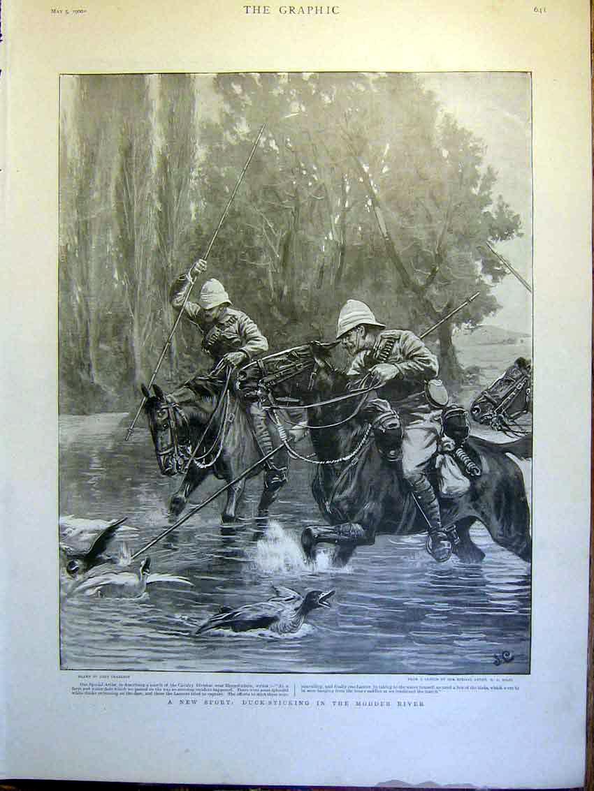 Original Old Antique Print Duck Sticking Modder River Sport Africa Boer War 1900