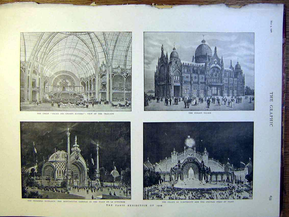 Old Antique Print Paris Exhibition Champs Elysees Palace Electricity 1900 20th