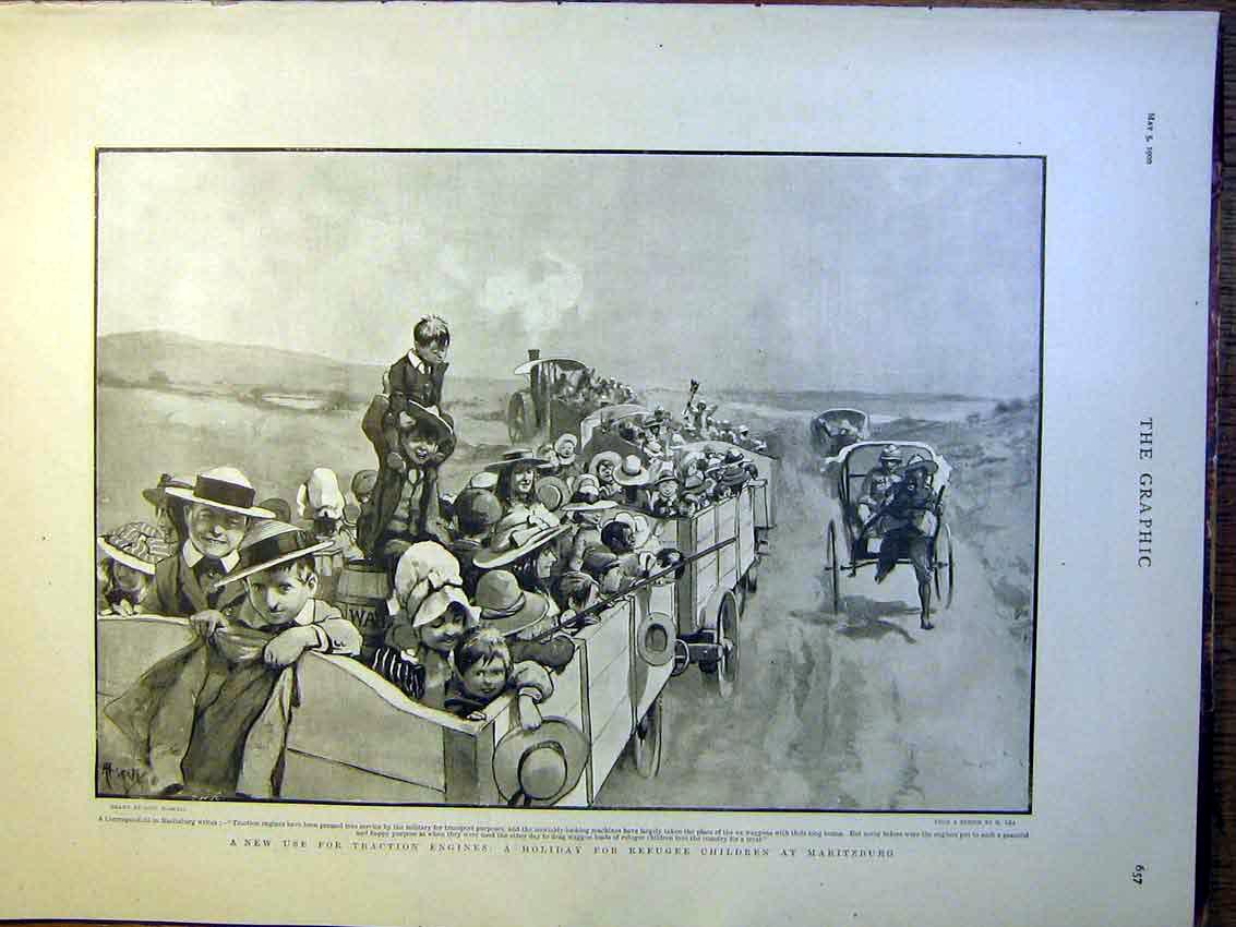 Original Old Antique Print Traction Engines Refugee Children Maritzburg 1900