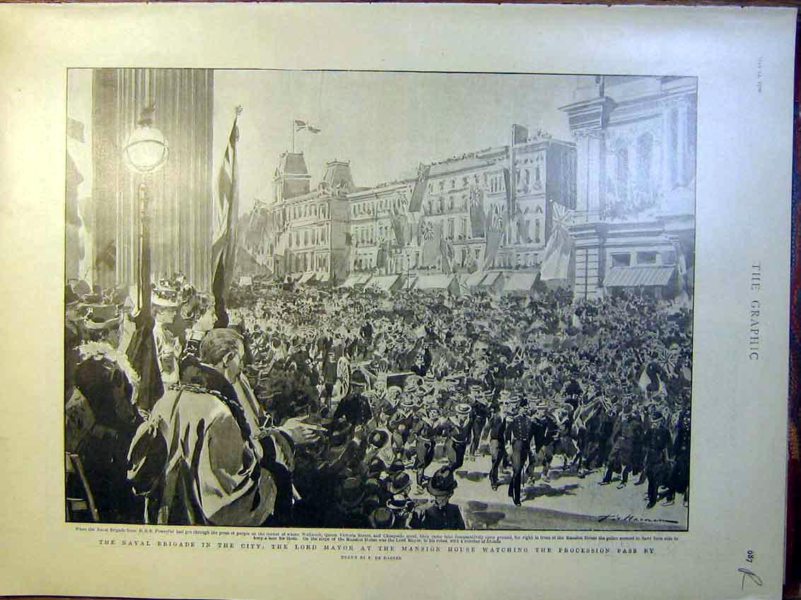 Old Antique Print Naval Brigade Mayor Mansion House Boer War Africa 1900 20th