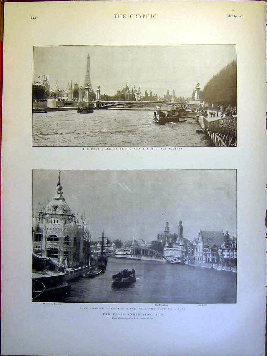 Original Old Antique Print Paris Exhibition Pont D'Alma Rue De Nations 1900 20th