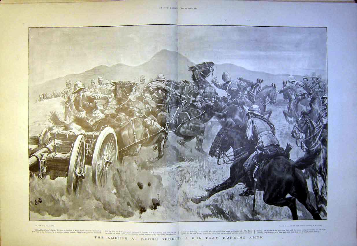 Old Antique Print Boer War Africa Koorn Spruit Charlton Battle Gun 1900 20th