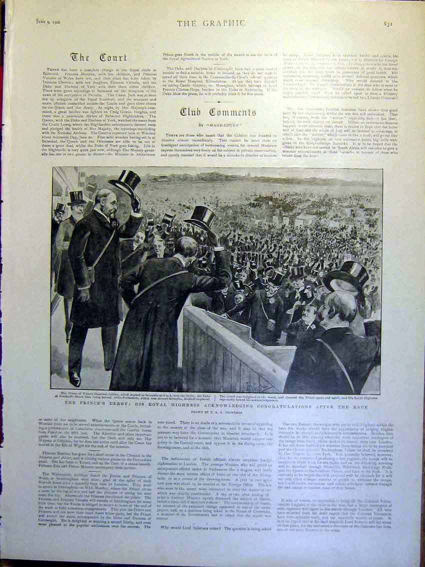 Original Old Antique Print Prince Derby Crowther Races Crowd 1900 20th