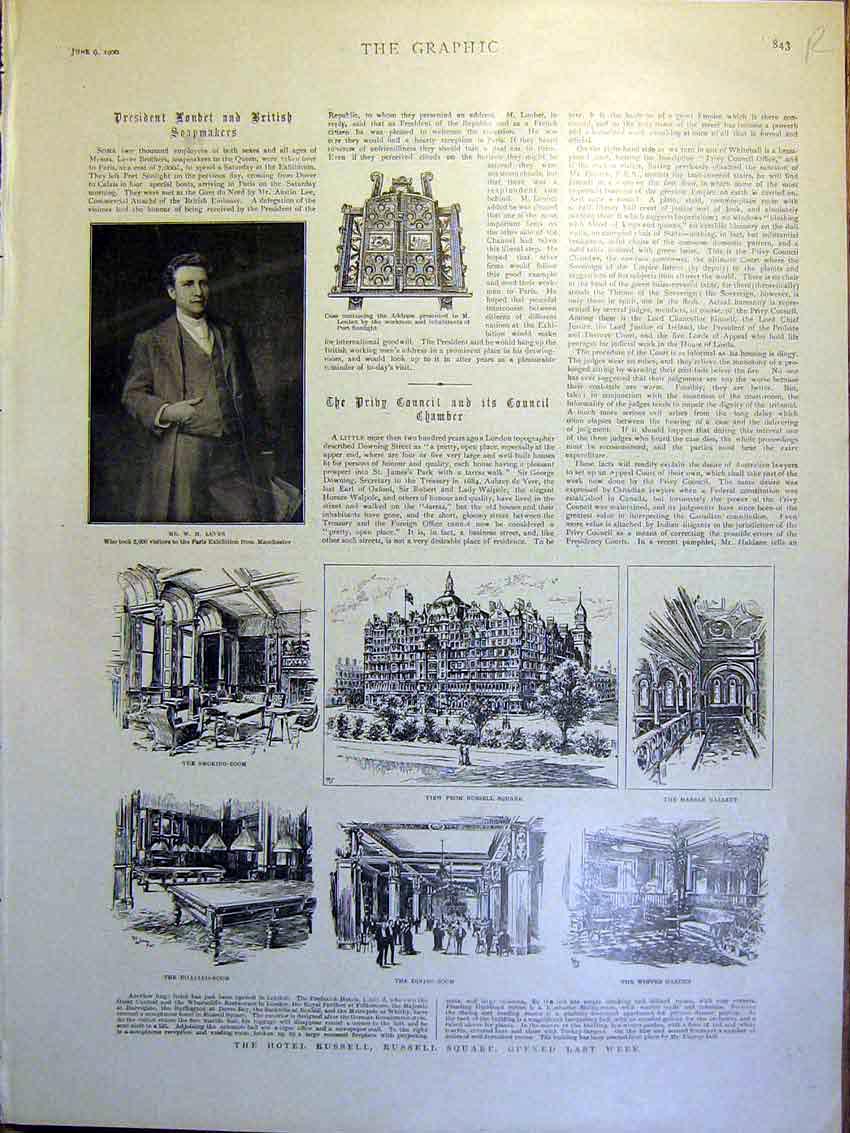 Old Antique Print Hotel Russell Sketches Leyer Imperial Court Privy 1900 20th