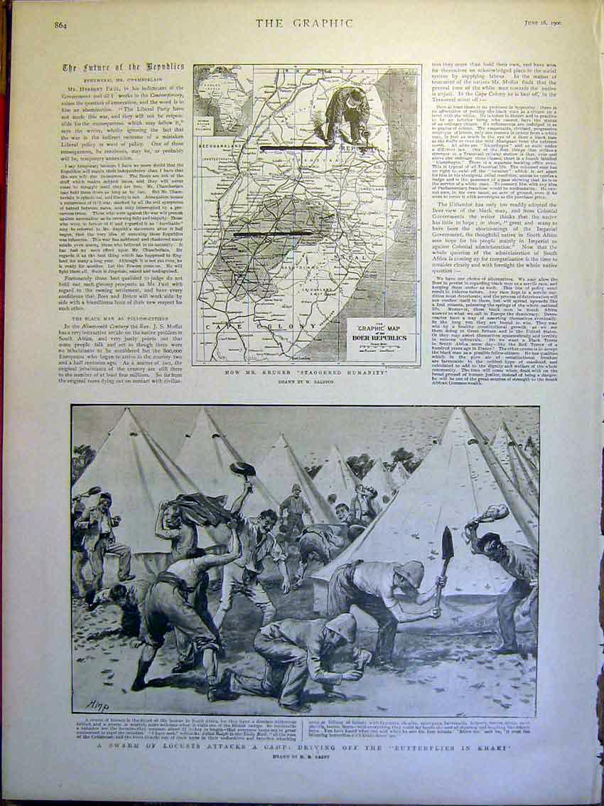 Original Old Antique Print Map Kruger Ralston Locusts South Africa Paget 1900