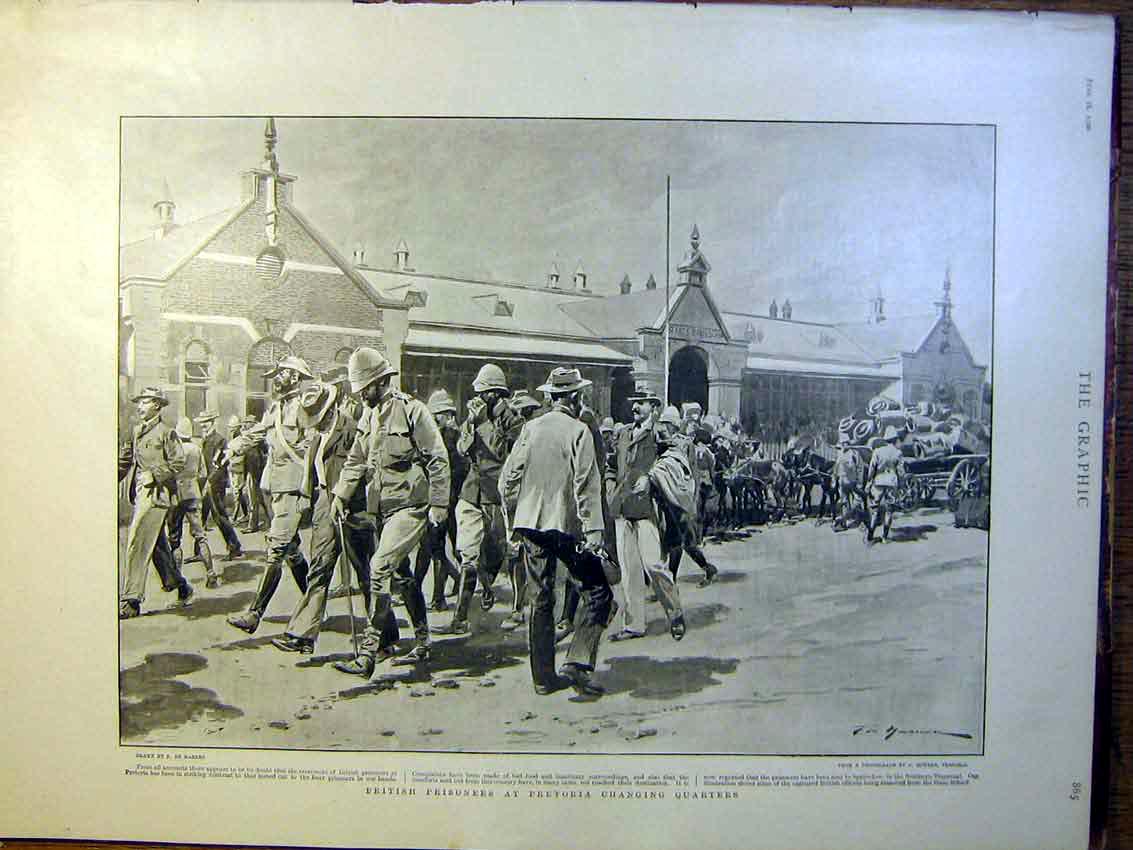 Original Old Antique Print British Prisoners Pretoria De Haenen Boer War Africa