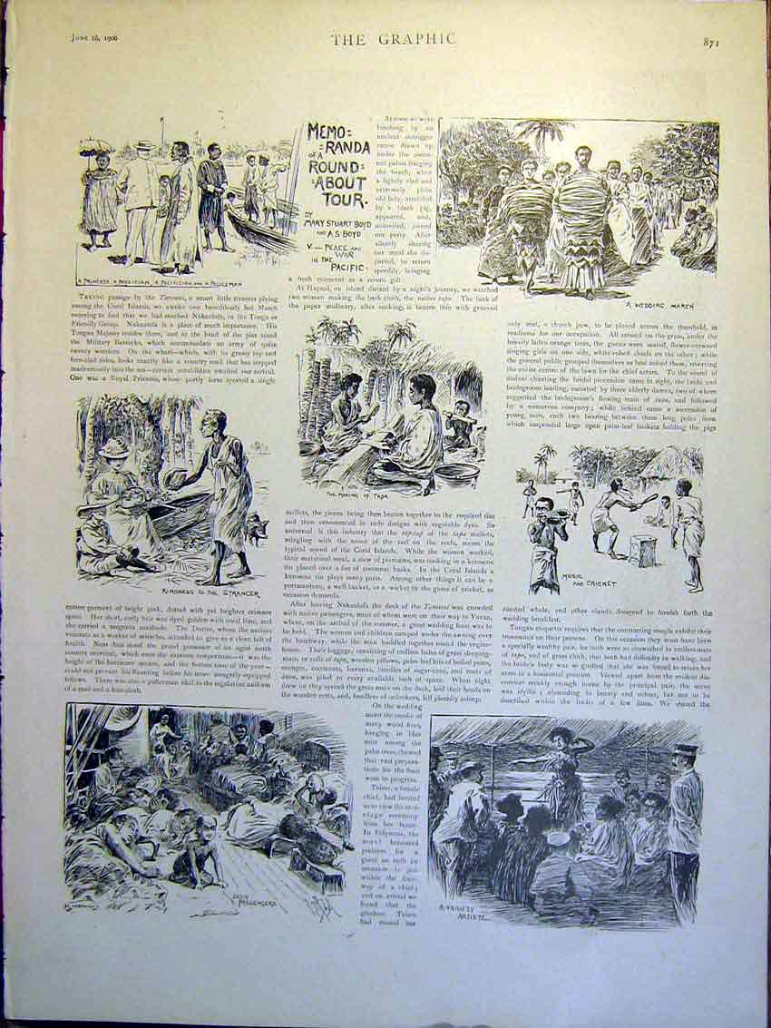 Old Antique Print Boyd Sketches Peace War Pacific Taviuni Memoranda 1900 20th