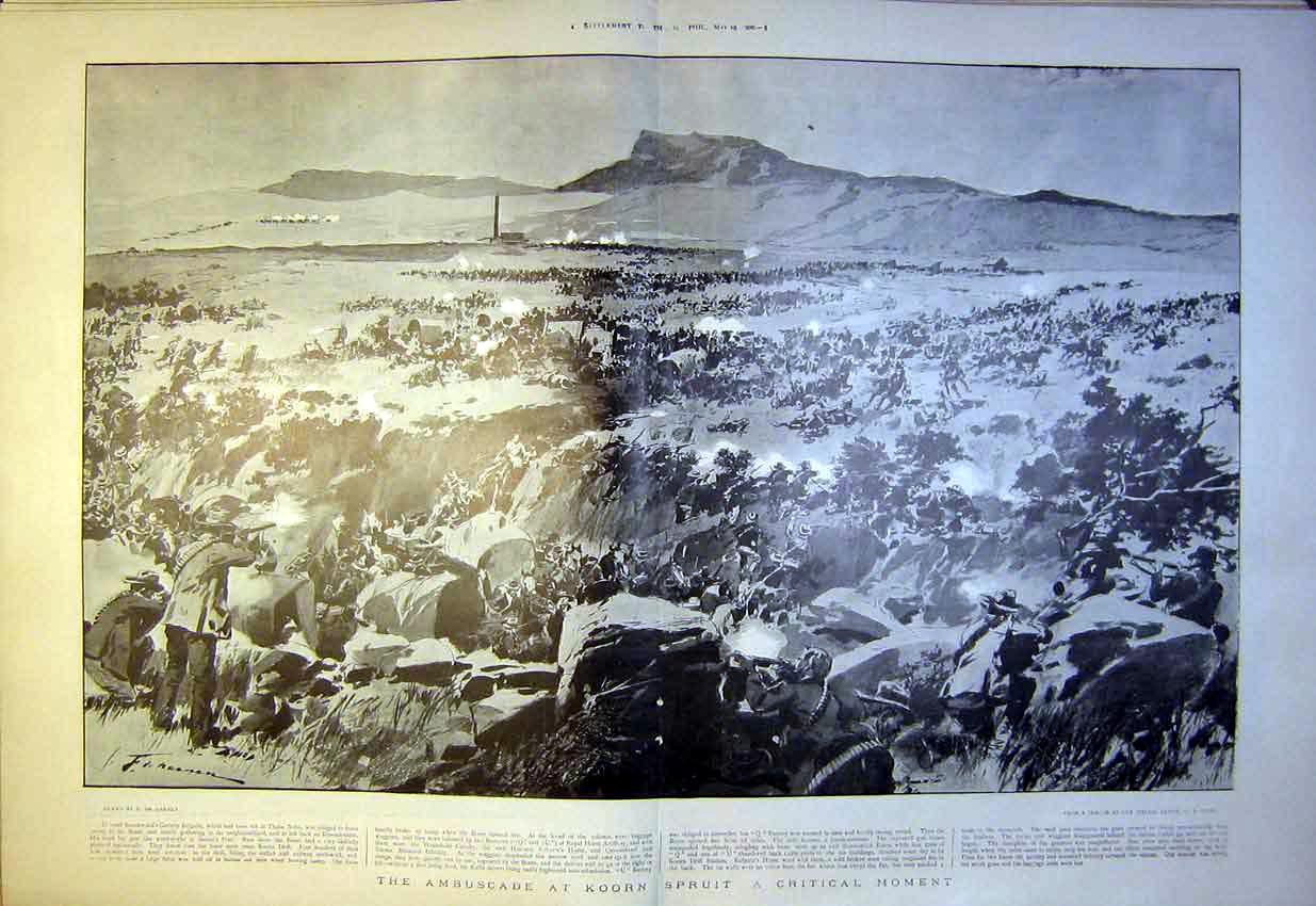 Original Old Antique Print Boer War Koorn Spruit Battle Africa Haenen 1900 20th