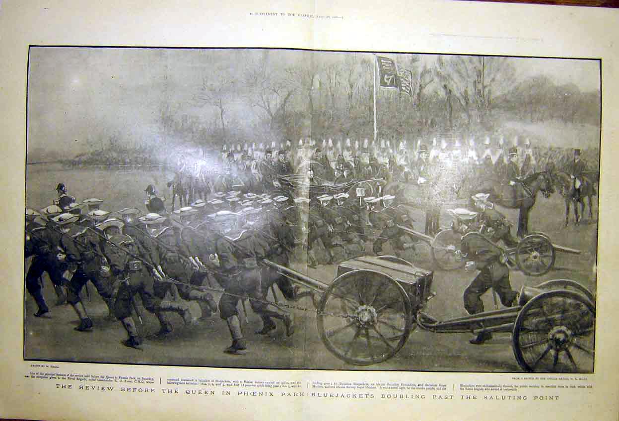 Original Old Antique Print Phoenix Park Ireland Queen Review Bluejackets Small