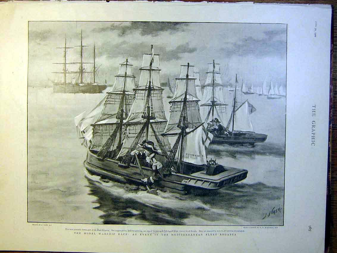Original Old Antique Print Model Warship Race Mediterranean Fleet Regatta 1900