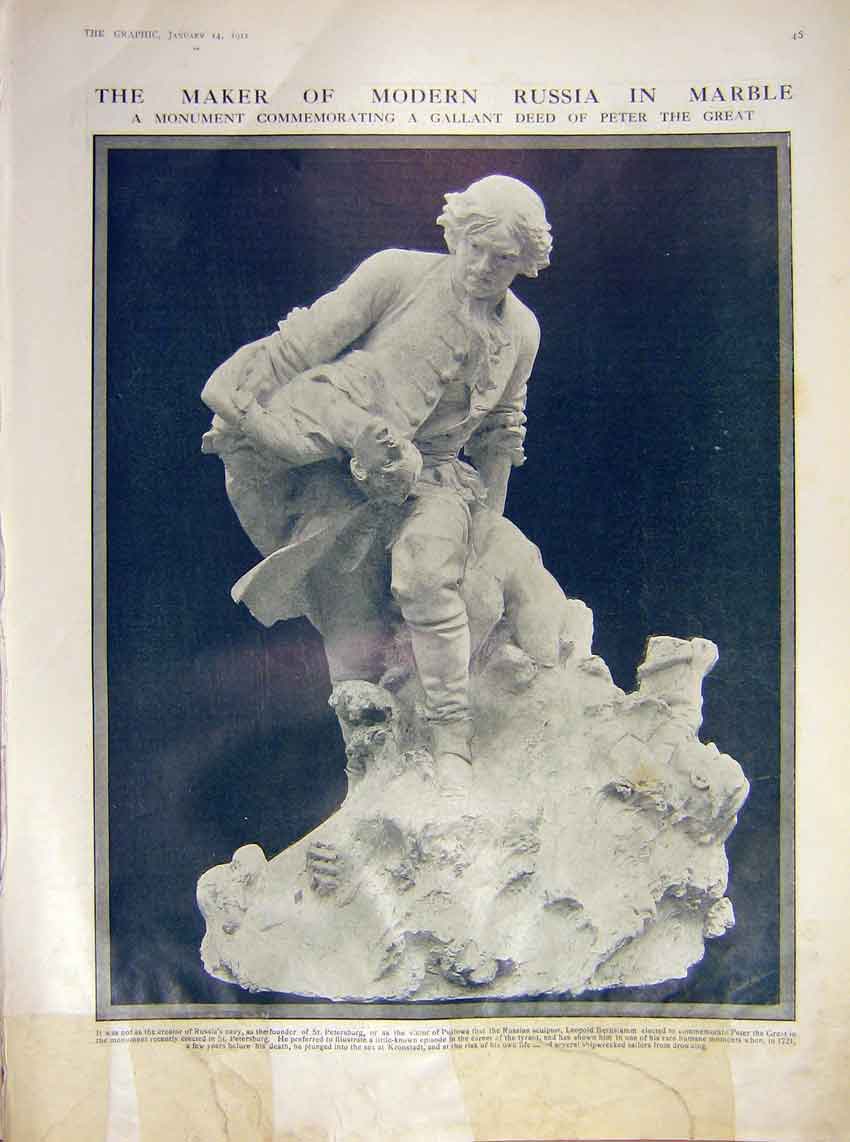 Original Old Antique Print Marble Statue Russian St. Petersburg Kronstadt 1911