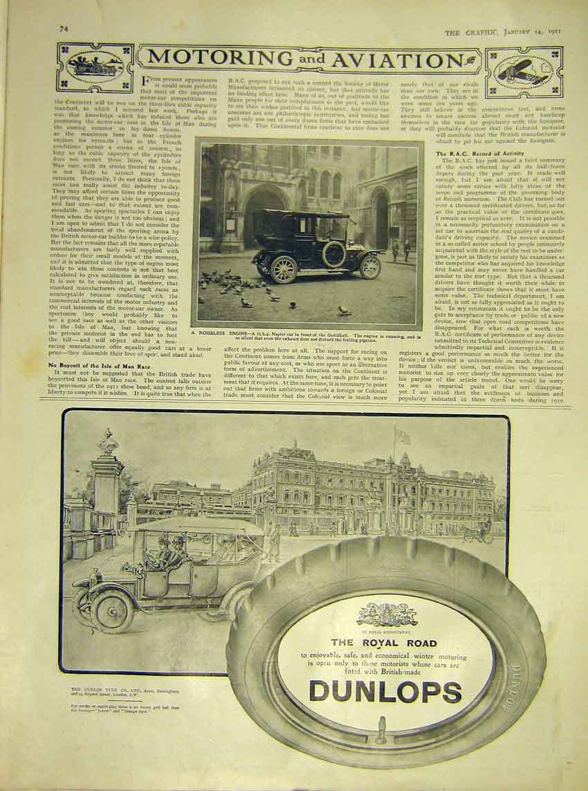 Original Old Antique Print Motor-Car Napier Guildhall Dunlop Tyres 1911 20th