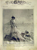 Original Old Antique Print Feminine Snows Tobaggan Switzerland Sport 1911 20th