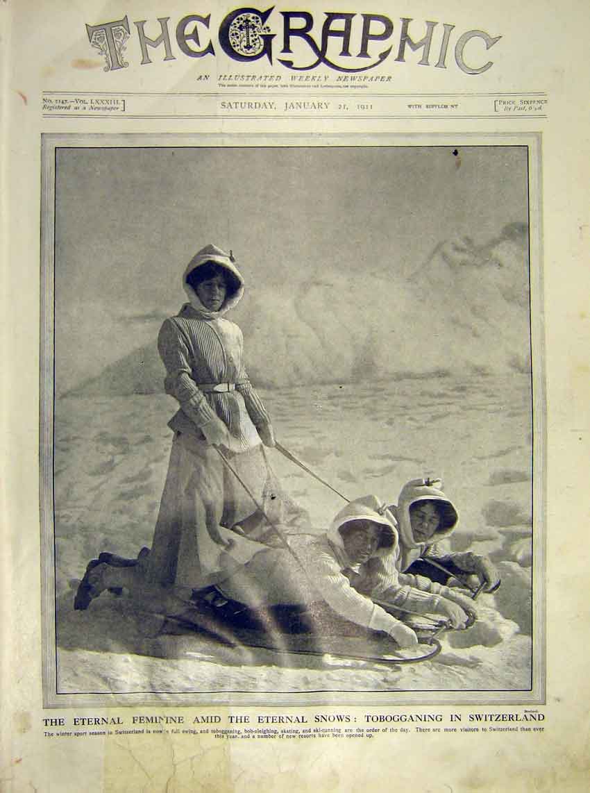 Original Old Antique Print Feminine Snows Tobaggan Switzerland Sport 1911 20th