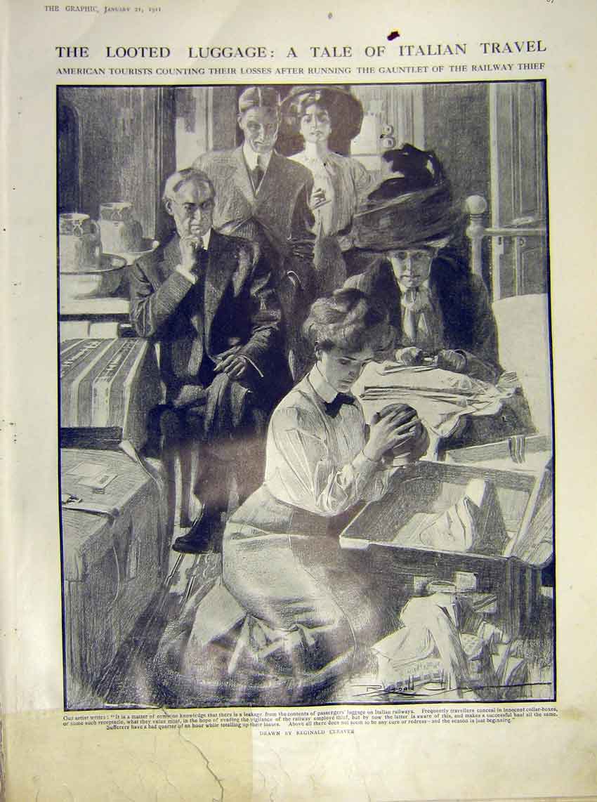 Original Old Antique Print Italian Travel Luggage American Tourist Railway Thief