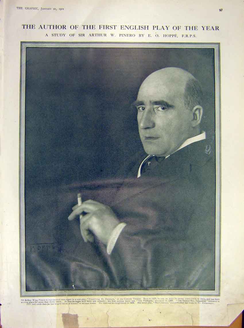 Original Old Antique Print Author Portrait Pinero Hoppe Panmure Comedy Theatre