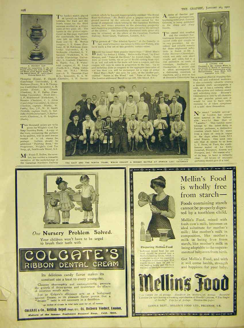 Original Old Antique Print Hockey Cup Loving Mellins Food Colegate Team Ipswich
