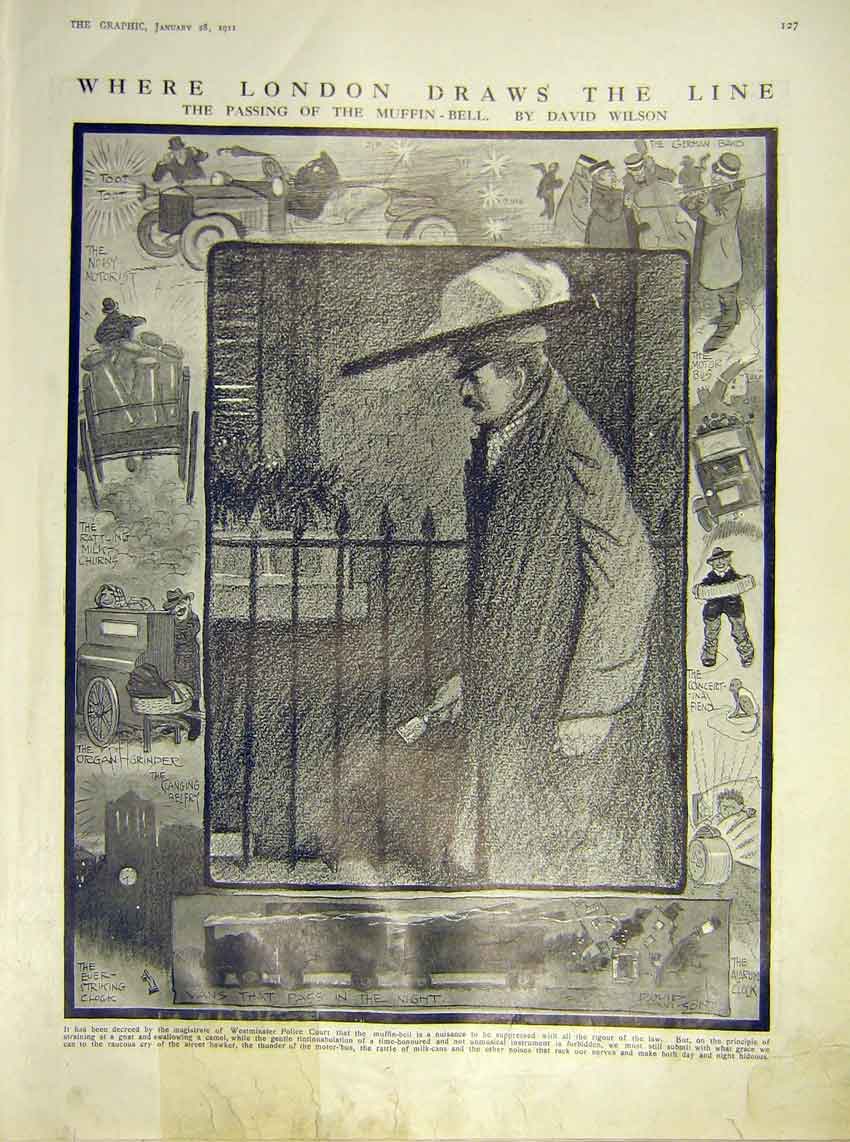 Original Old Antique Print London Sketch Muffin-Bell Wilson Westminster 1911