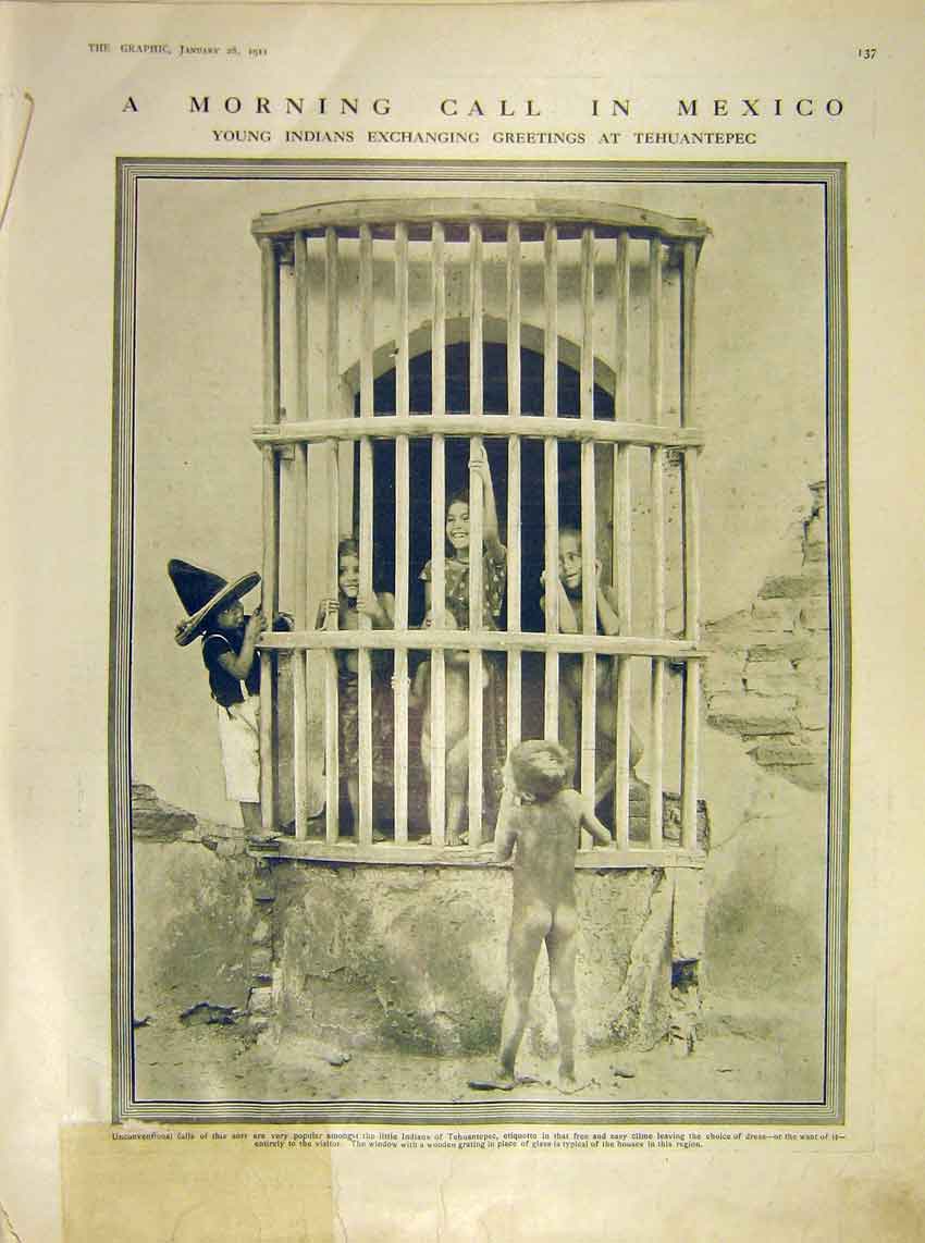 Original Old Antique Print Mexico Indians Tehuantepec Window Greetings 1911 20th