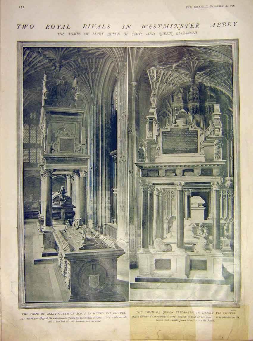 Old Antique Print Royal Westminster Abbey Tomb Queen Mary Elizabeth 1911 20th