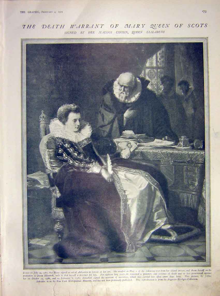 Original Old Antique Print Mary Queen Scots Death Warrant 1911 20th Century