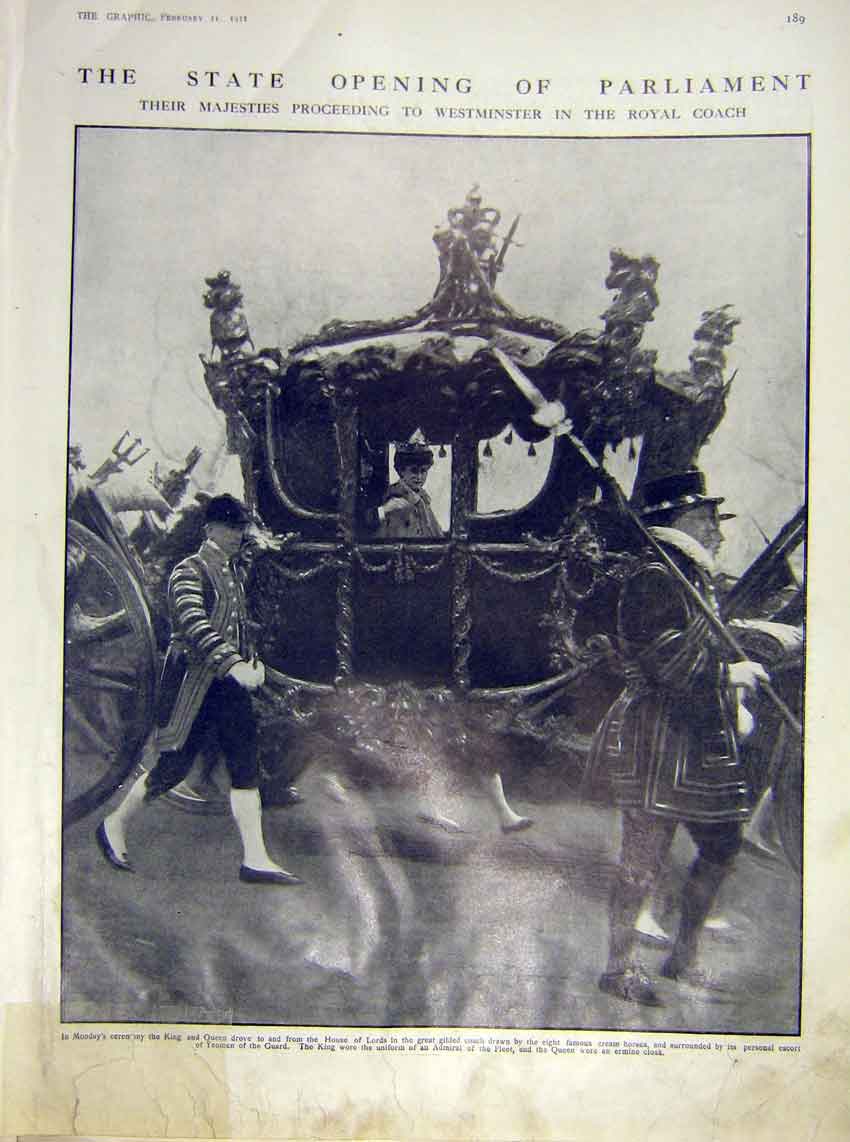 Old Antique Print State Opening Parliament King Queen Carriage Lords 1911 20th